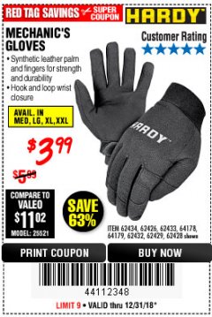 Harbor Freight Coupon MECHANIC'S GLOVES Lot No. 62434/62426/62433/62432/62429/64178/64179/62428 Expired: 12/31/18 - $3.99
