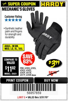 Harbor Freight Coupon MECHANIC'S GLOVES Lot No. 62434/62426/62433/62432/62429/64178/64179/62428 Expired: 3/31/19 - $3.99