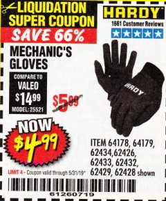 Harbor Freight Coupon MECHANIC'S GLOVES Lot No. 62434/62426/62433/62432/62429/64178/64179/62428 Expired: 5/31/19 - $4.99