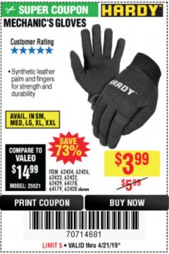 Harbor Freight Coupon MECHANIC'S GLOVES Lot No. 62434/62426/62433/62432/62429/64178/64179/62428 Expired: 4/21/19 - $3.99