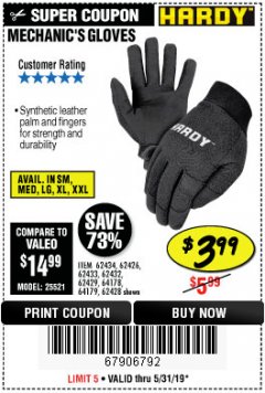 Harbor Freight Coupon MECHANIC'S GLOVES Lot No. 62434/62426/62433/62432/62429/64178/64179/62428 Expired: 5/31/19 - $3.99