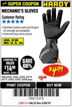 Harbor Freight Coupon MECHANIC'S GLOVES Lot No. 62434/62426/62433/62432/62429/64178/64179/62428 Expired: 6/30/19 - $4.99