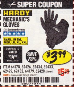 Harbor Freight Coupon MECHANIC'S GLOVES Lot No. 62434/62426/62433/62432/62429/64178/64179/62428 Expired: 6/30/19 - $3.99