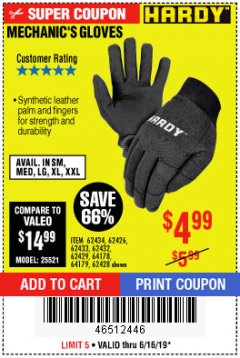 Harbor Freight Coupon MECHANIC'S GLOVES Lot No. 62434/62426/62433/62432/62429/64178/64179/62428 Expired: 6/16/19 - $4.99