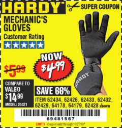 Harbor Freight Coupon MECHANIC'S GLOVES Lot No. 62434/62426/62433/62432/62429/64178/64179/62428 Expired: 10/27/19 - $4.99