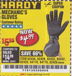 Harbor Freight Coupon MECHANIC'S GLOVES Lot No. 62434/62426/62433/62432/62429/64178/64179/62428 Expired: 12/13/19 - $4.99