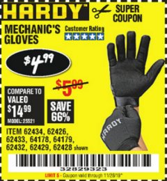 Harbor Freight Coupon MECHANIC'S GLOVES Lot No. 62434/62426/62433/62432/62429/64178/64179/62428 Expired: 11/26/19 - $4.99