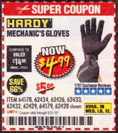 Harbor Freight Coupon MECHANIC'S GLOVES Lot No. 62434/62426/62433/62432/62429/64178/64179/62428 Expired: 8/31/19 - $4.99