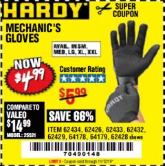 Harbor Freight Coupon MECHANIC'S GLOVES Lot No. 62434/62426/62433/62432/62429/64178/64179/62428 Expired: 11/12/19 - $4.99