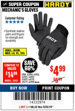 Harbor Freight Coupon MECHANIC'S GLOVES Lot No. 62434/62426/62433/62432/62429/64178/64179/62428 Expired: 8/25/19 - $4.99