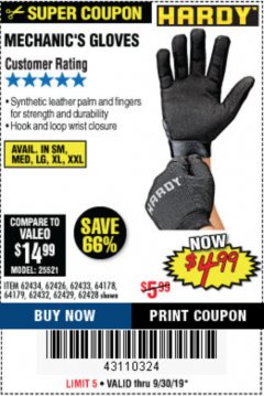 Harbor Freight Coupon MECHANIC'S GLOVES Lot No. 62434/62426/62433/62432/62429/64178/64179/62428 Expired: 9/30/19 - $4.99