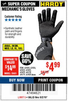 Harbor Freight Coupon MECHANIC'S GLOVES Lot No. 62434/62426/62433/62432/62429/64178/64179/62428 Expired: 9/2/19 - $4.99