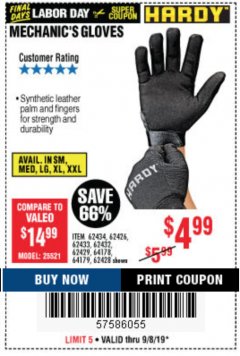 Harbor Freight Coupon MECHANIC'S GLOVES Lot No. 62434/62426/62433/62432/62429/64178/64179/62428 Expired: 9/8/19 - $4.99