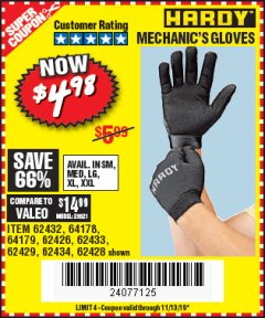 Harbor Freight Coupon MECHANIC'S GLOVES Lot No. 62434/62426/62433/62432/62429/64178/64179/62428 Expired: 11/13/19 - $4.98