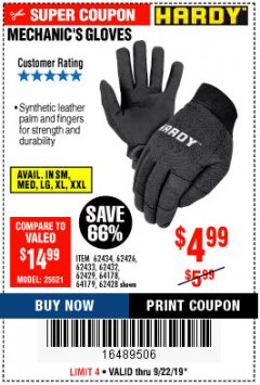 Harbor Freight Coupon MECHANIC'S GLOVES Lot No. 62434/62426/62433/62432/62429/64178/64179/62428 Expired: 9/22/19 - $4.99