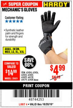 Harbor Freight Coupon MECHANIC'S GLOVES Lot No. 62434/62426/62433/62432/62429/64178/64179/62428 Expired: 10/20/19 - $4.99