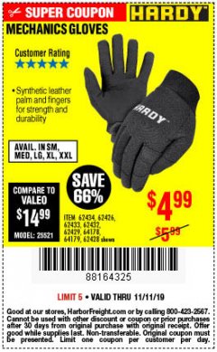 Harbor Freight Coupon MECHANIC'S GLOVES Lot No. 62434/62426/62433/62432/62429/64178/64179/62428 Expired: 11/11/19 - $4.99