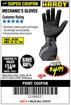 Harbor Freight Coupon MECHANIC'S GLOVES Lot No. 62434/62426/62433/62432/62429/64178/64179/62428 Expired: 12/8/19 - $4.99