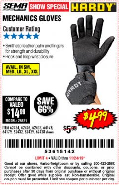 Harbor Freight Coupon MECHANIC'S GLOVES Lot No. 62434/62426/62433/62432/62429/64178/64179/62428 Expired: 11/24/19 - $4.99