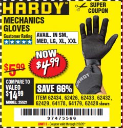 Harbor Freight Coupon MECHANIC'S GLOVES Lot No. 62434/62426/62433/62432/62429/64178/64179/62428 Expired: 2/3/20 - $4.99