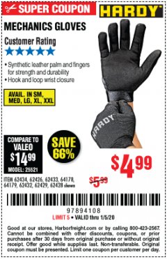 Harbor Freight Coupon MECHANIC'S GLOVES Lot No. 62434/62426/62433/62432/62429/64178/64179/62428 Expired: 1/5/20 - $4.99
