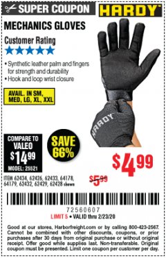 Harbor Freight Coupon MECHANIC'S GLOVES Lot No. 62434/62426/62433/62432/62429/64178/64179/62428 Expired: 2/23/20 - $4.99
