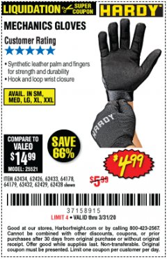 Harbor Freight Coupon MECHANIC'S GLOVES Lot No. 62434/62426/62433/62432/62429/64178/64179/62428 Expired: 3/31/20 - $4.99