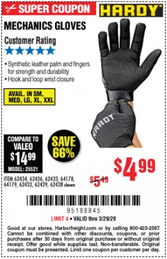 Harbor Freight Coupon MECHANIC'S GLOVES Lot No. 62434/62426/62433/62432/62429/64178/64179/62428 Expired: 3/29/20 - $4.99
