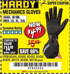 Harbor Freight Coupon MECHANIC'S GLOVES Lot No. 62434/62426/62433/62432/62429/64178/64179/62428 Expired: 8/19/20 - $4.99