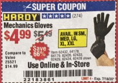 Harbor Freight Coupon MECHANIC'S GLOVES Lot No. 62434/62426/62433/62432/62429/64178/64179/62428 Expired: 7/18/20 - $4.99