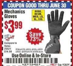 Harbor Freight Coupon MECHANIC'S GLOVES Lot No. 62434/62426/62433/62432/62429/64178/64179/62428 Expired: 6/30/20 - $3.99