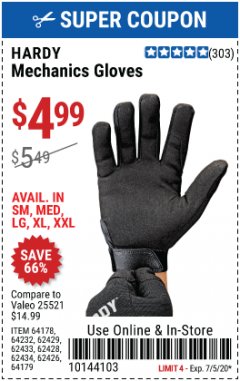 Harbor Freight Coupon MECHANIC'S GLOVES Lot No. 62434/62426/62433/62432/62429/64178/64179/62428 Expired: 7/5/20 - $4.99