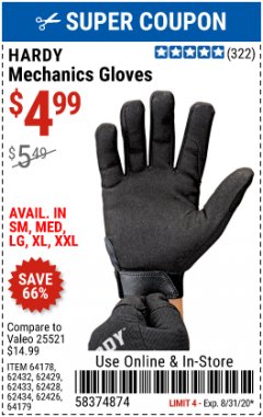 Harbor Freight Coupon MECHANIC'S GLOVES Lot No. 62434/62426/62433/62432/62429/64178/64179/62428 Expired: 8/31/20 - $4.99