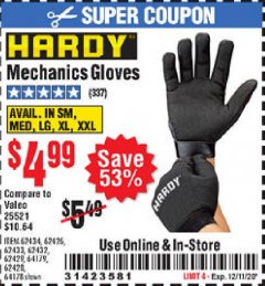 Harbor Freight Coupon MECHANIC'S GLOVES Lot No. 62434/62426/62433/62432/62429/64178/64179/62428 Expired: 12/11/20 - $4.99