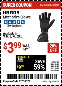 Harbor Freight Coupon MECHANIC'S GLOVES Lot No. 62434/62426/62433/62432/62429/64178/64179/62428 Expired: 6/19/22 - $3.99