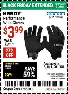 Harbor Freight Coupon MECHANIC'S GLOVES Lot No. 62434/62426/62433/62432/62429/64178/64179/62428 Expired: 12/3/23 - $3.99