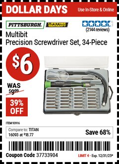Harbor Freight Coupon PITTSBURGH MULTIBIT PRECISION SCREWDRIVER SET, 34-PIECE Lot No. 93916 Valid Thru: 12/31/25 - $6