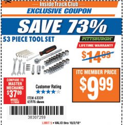 Harbor Freight ITC Coupon 53 PIECE TOOL KIT Lot No. 63339/65976 Expired: 10/2/18 - $9.99