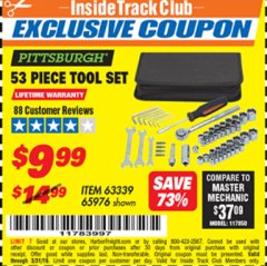 Harbor Freight ITC Coupon 53 PIECE TOOL KIT Lot No. 63339/65976 Expired: 3/31/19 - $9.99