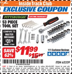 Harbor Freight ITC Coupon 53 PIECE TOOL KIT Lot No. 63339/65976 Expired: 8/31/19 - $11.99