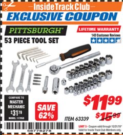 Harbor Freight ITC Coupon 53 PIECE TOOL KIT Lot No. 63339/65976 Expired: 10/31/19 - $11.99