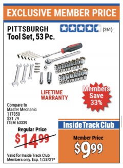 Harbor Freight ITC Coupon 53 PIECE TOOL KIT Lot No. 63339/65976 Expired: 1/28/21 - $9.99