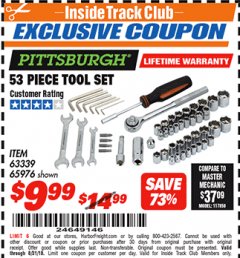 Harbor Freight ITC Coupon 53 PIECE TOOL KIT Lot No. 63339/65976 Expired: 8/31/18 - $9.99