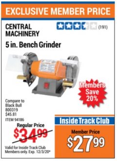 Harbor Freight ITC Coupon 5" BENCH GRINDER Lot No. 94186 Expired: 12/3/20 - $27.99