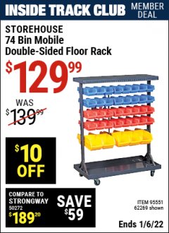 Harbor Freight ITC Coupon 74 BIN MOBILE DOUBLE-SIDED FLOOR RACK Lot No. 62269/95551 Expired: 1/6/22 - $129.99