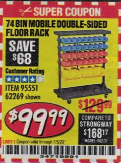 Harbor Freight Coupon 74 BIN MOBILE DOUBLE-SIDED FLOOR RACK Lot No. 62269/95551 Expired: 7/5/20 - $99.99