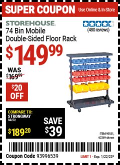 Harbor Freight Coupon 74 BIN MOBILE DOUBLE-SIDED FLOOR RACK Lot No. 62269/95551 Expired: 1/22/23 - $149.99