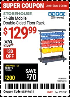 Harbor Freight Coupon 74 BIN MOBILE DOUBLE-SIDED FLOOR RACK Lot No. 62269/95551 Expired: 1/21/24 - $129.99