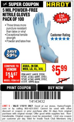 Harbor Freight ITC Coupon POWDER-FREE NITRILE GLOVES PACK OF 100 Lot No. 68496/61363/97581/68497/61360/68498/61359 Expired: 1/10/19 - $5.99