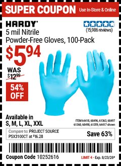 Harbor Freight Coupon HARDY 5 MIL NITRILE POWDER-FREE GLOVES, 100-PACK, LIGHT BLUE Lot No. 64417/64418/68496/61363/68497/61360/68498/61359 Expired: 8/23/26 - $5.94